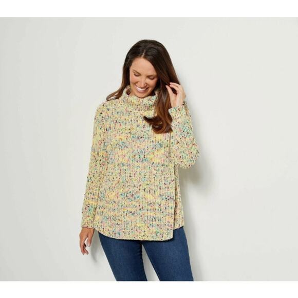 LOGO Lori Goldstein Women's Chenille Turtleneck Sweater Buttercream Yellow 1X - Picture 1 of 8